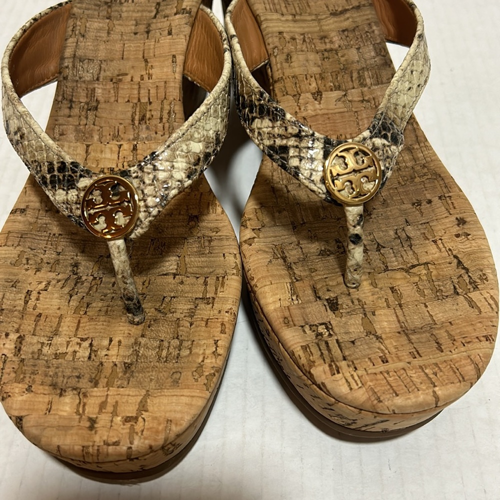 Tory Burch Suzy Sandals Snakeskin Cork Platform Wedge Leather - Size 7.5 - Picture 5 of 11